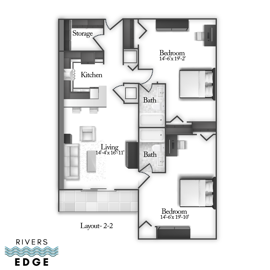 A 3D image of the 2BR/2BA floorplan, a  squarefoot, 2 bed / 2 bath unit