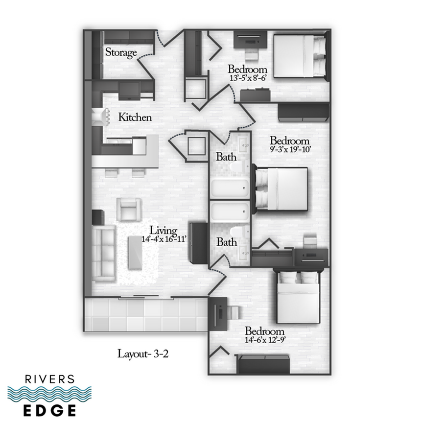 A 3D image of the 3BR/2BA floorplan, a  squarefoot, 3 bed / 2 bath unit