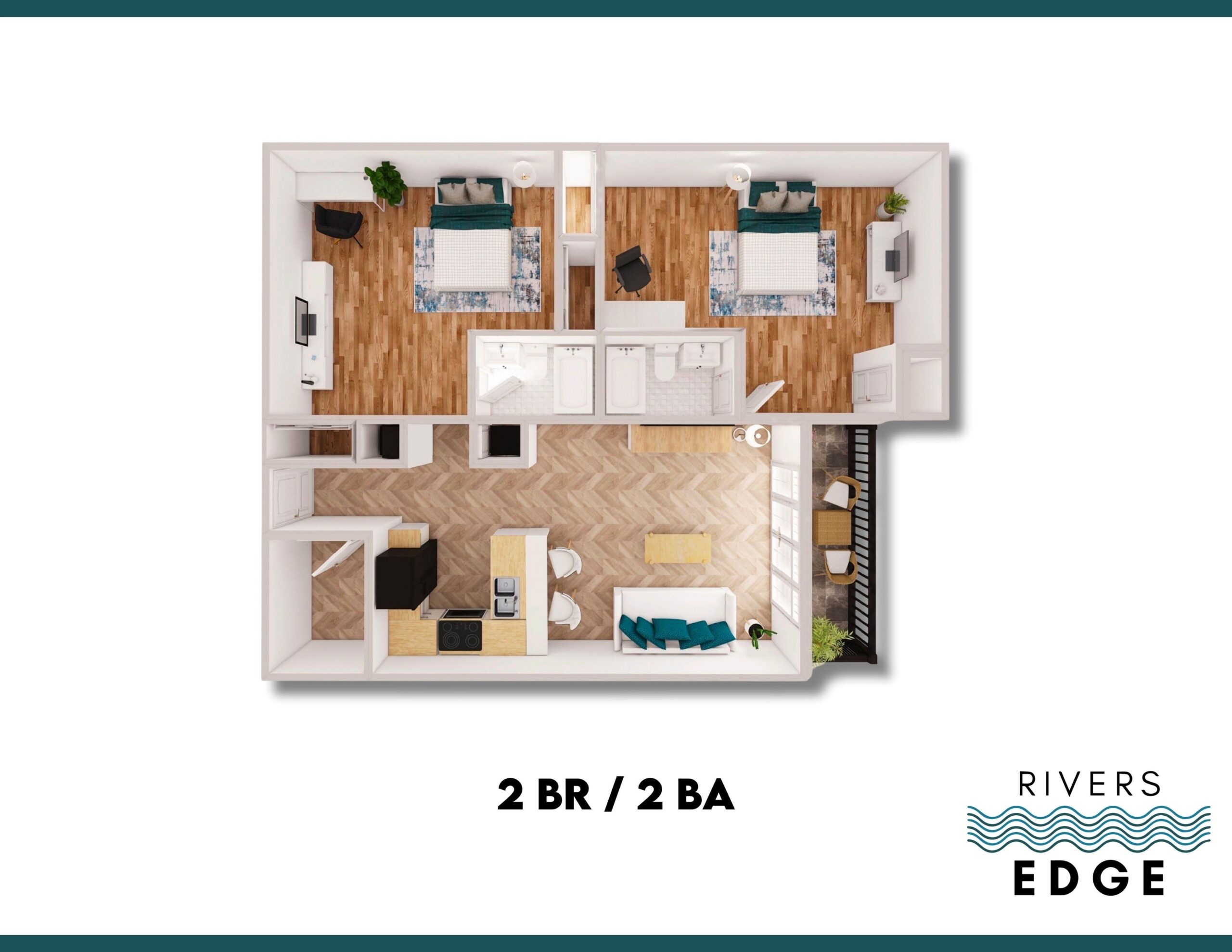 A 3D image of the 2BR/2BA floorplan, a  squarefoot, 2 bed / 2 bath unit