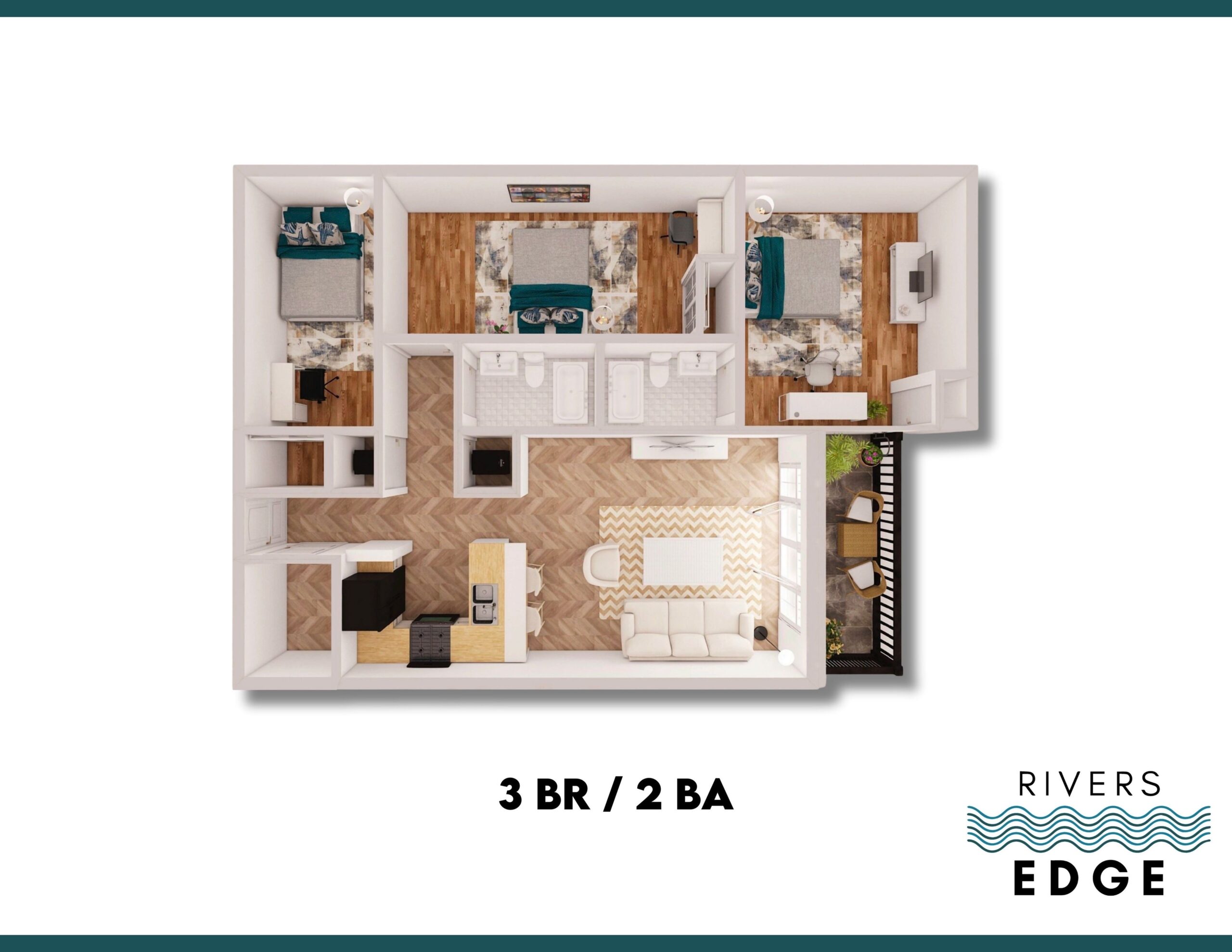 A 3D image of the 3BR/2BA floorplan, a  squarefoot, 3 bed / 2 bath unit