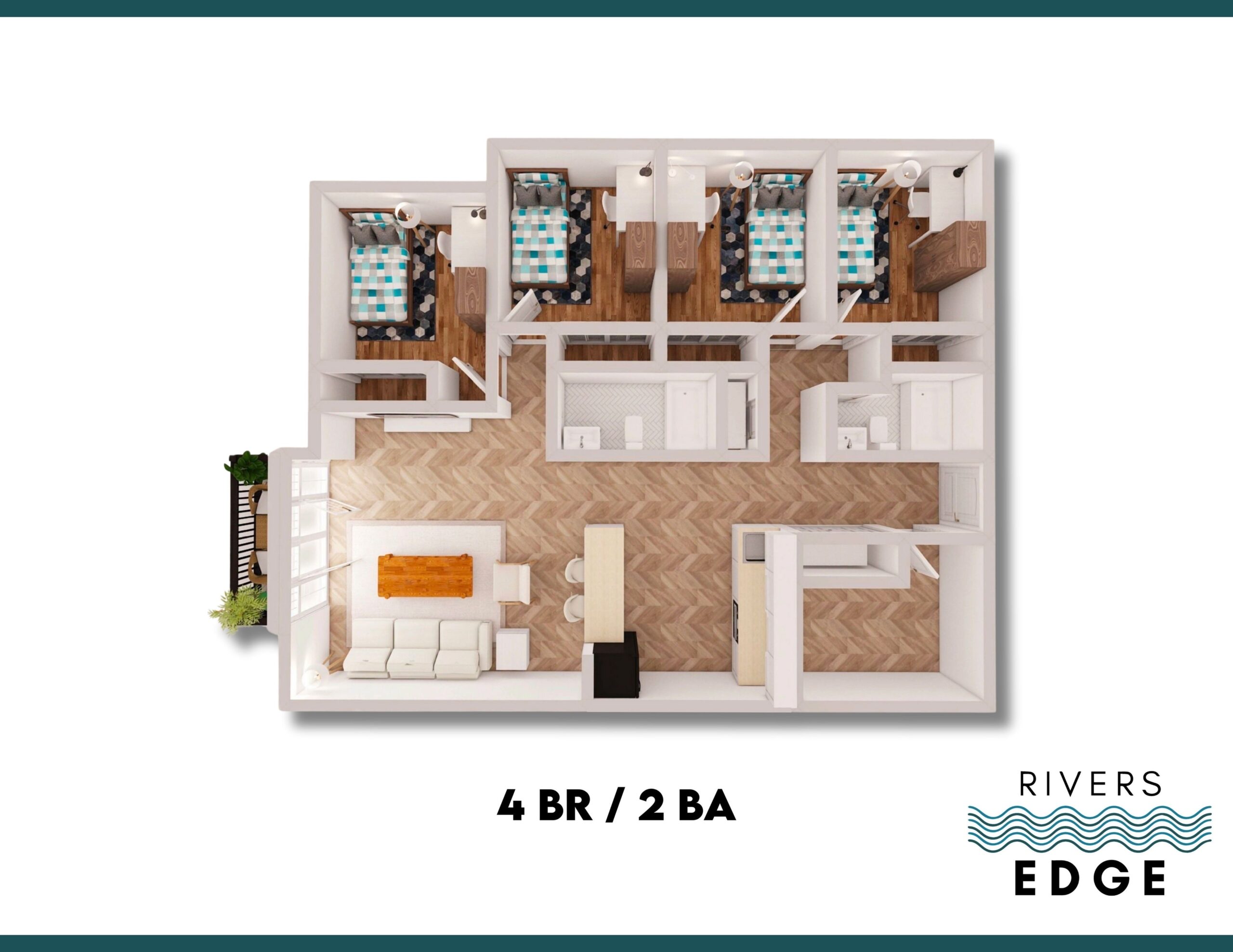 A 3D image of the 4BR/2BA floorplan, a  squarefoot, 4 bed / 2 bath unit