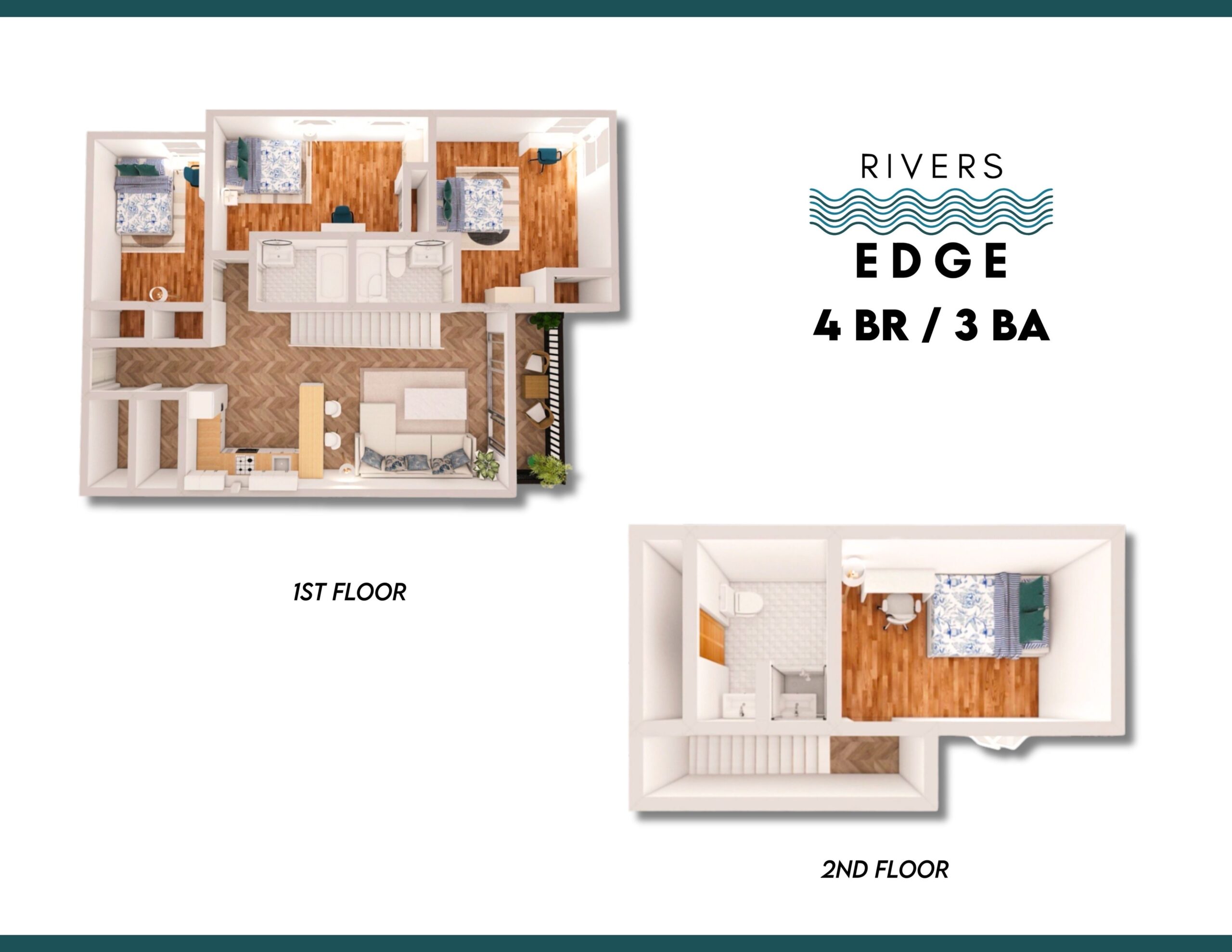 A 3D image of the 4BR/3BA floorplan, a  squarefoot, 4 bed / 3 bath unit