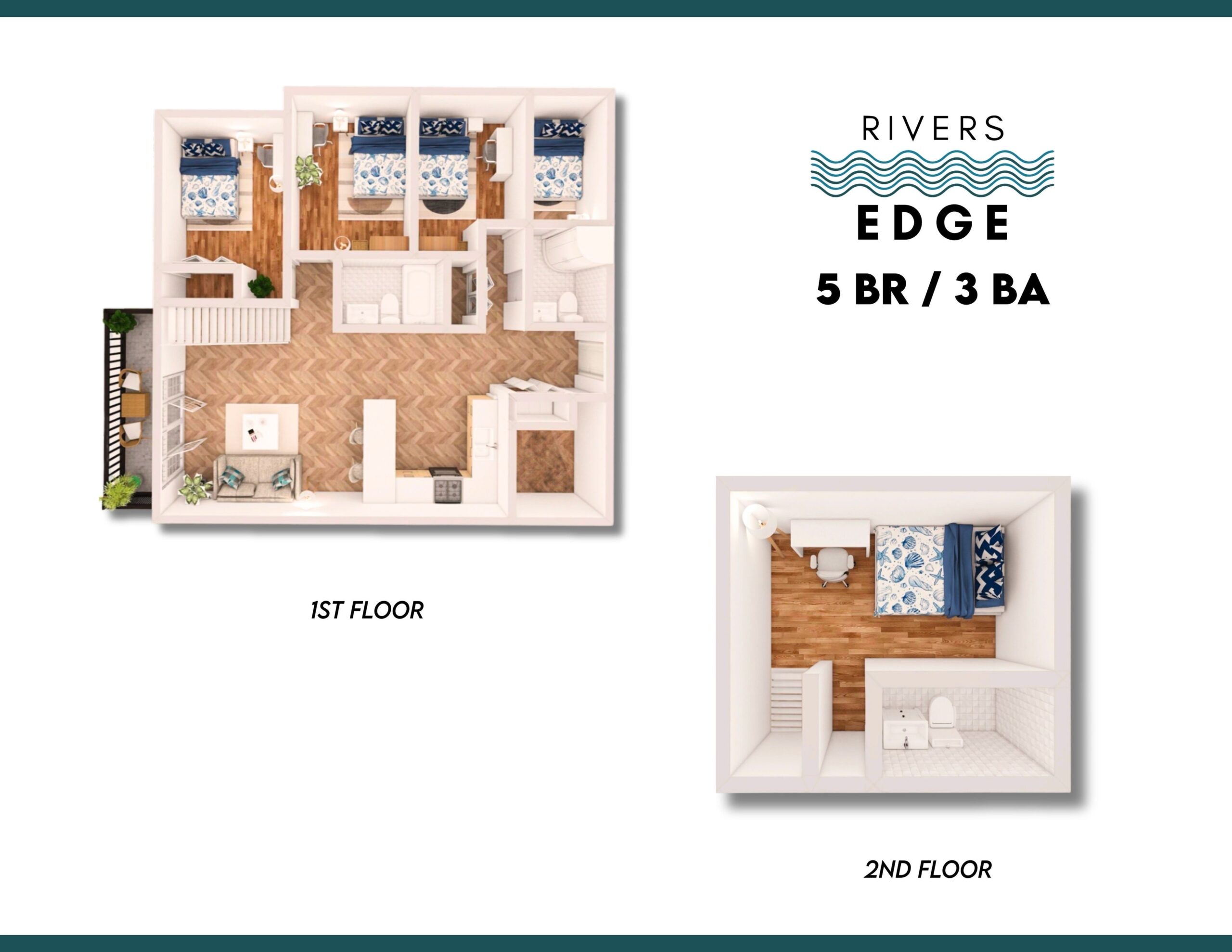 A 3D image of the 5BR/3BA floorplan, a  squarefoot, 5 bed / 3 bath unit