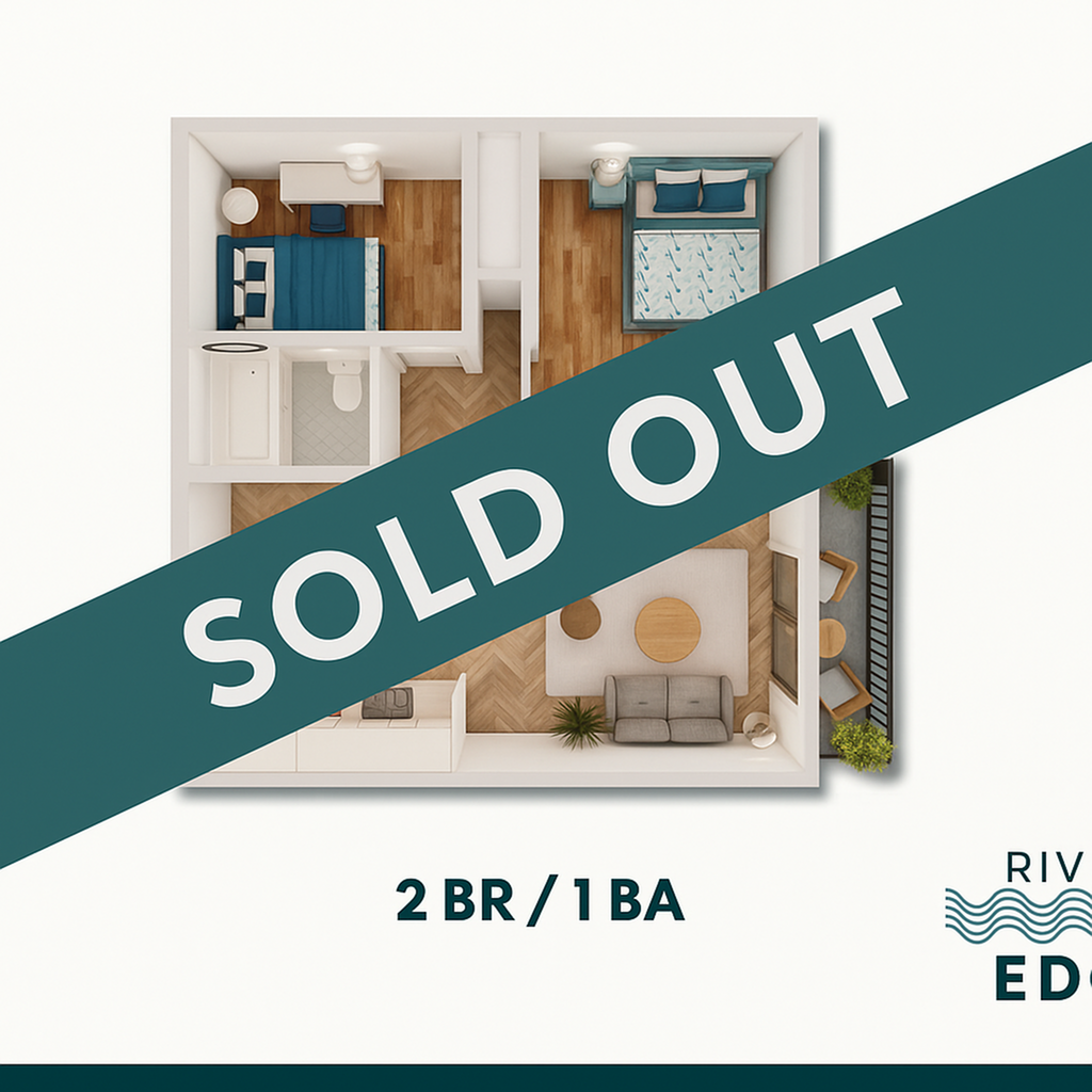 A 3D image of the 2BR/1BA floorplan, a  squarefoot, 2 bed / 1 bath unit